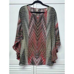 CHICOS Semi-Sheer PONCHO Red / Brown Caftan Top Blouse Artsy Coastal Size L/XL
